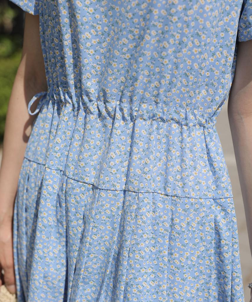 Ppaeppae Round Neck Floral Elastic Waist Pleated Short Sleeve Long Dress