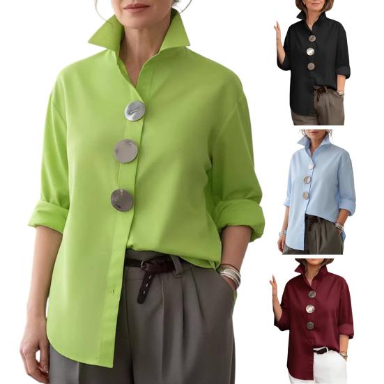 Women Shirt Lapel Long Sleeve Loose Fit Shirt Tops Metal Buttons Pure Color Summer Shirt Work Parties Casual Wear