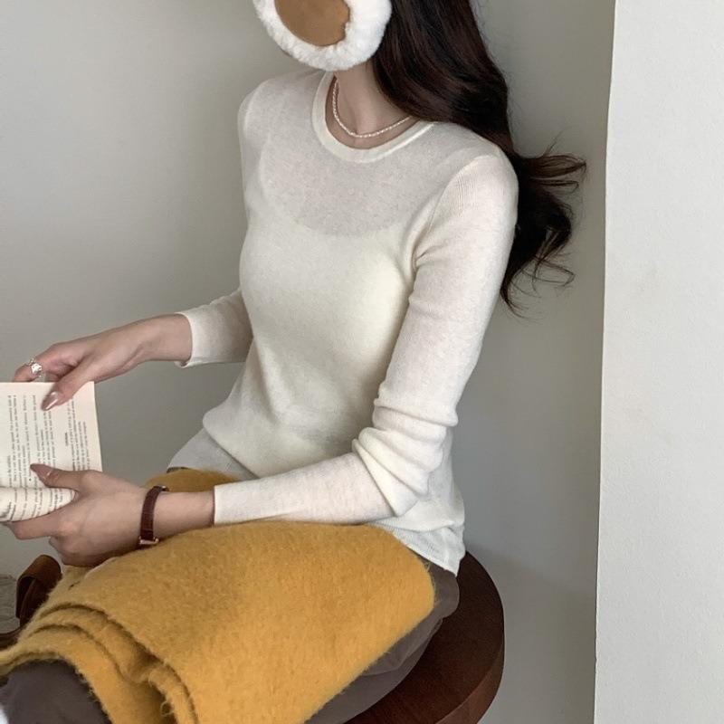 

Skinny round neck worsted wool bottoming shirt women s autumn and winter inner pullover simple wind knitted sweater thin M белый