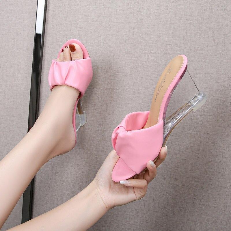 Cristal de apă sexy de vară 8 cm papuci cu toc înalt transparent cu pană de sticlă din piele lăcuită LFD-1098-71