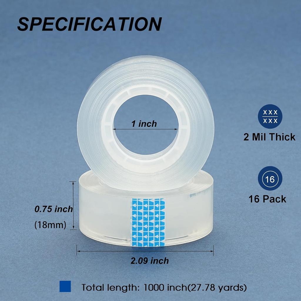 Transparent Tape Refills Bulk, 16 Rolls Clear Tapes, 3/4 Inch X 1000 Inch, Transparent Glossy Tape for Home School Office Supplies