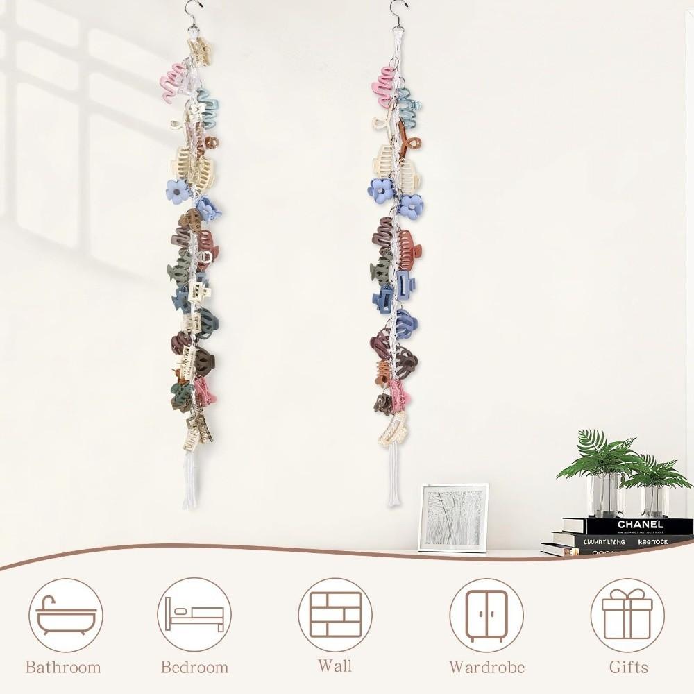 Boho Style Hair Claw Clip Hanger 130cm 20 Metal Rings Claw Clips Organizer Hanging Macrame Design Hair Clip Storage Rack