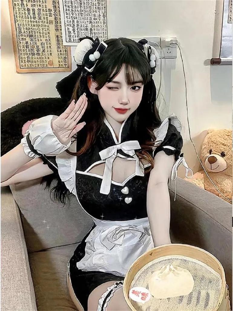 Sexy Cosplay Maid Uniform Set Piece Head Moe Frill Cute One Piece Mini Costume Chinese Clothes Halloween Christmas Costume Cosplay Costume Free Size