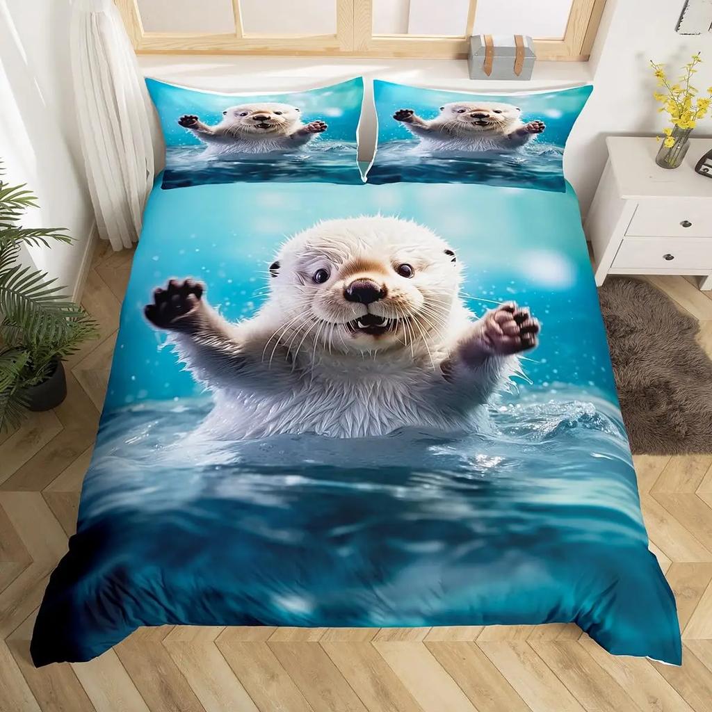 Cute Cartoon Animal Print Comforter Cover Sets Sea Otter Duvet Cover Set Ocean Creature Otter Toddler Soft Polyester Bedding Set