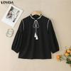 VONDA Summer Women V-Neck 3/4 Sleeve Embroidery Hem Casual Blouse