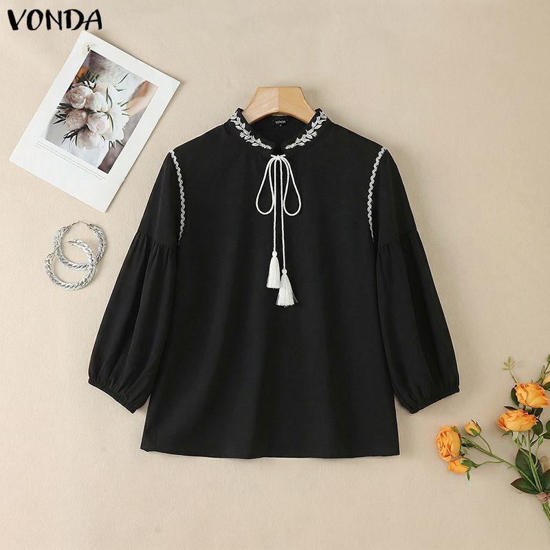 VONDA Summer Women V-Neck 3/4 Sleeve Embroidery Hem Casual Blouse