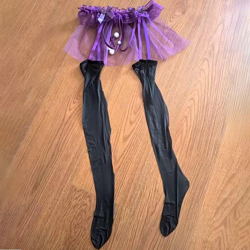Sexy Mesh Dress Strap Aurora Stockings with Pearl Massage No-Remove Ultra-Thin Smooth Glossy Erotic Black Stockings for Women