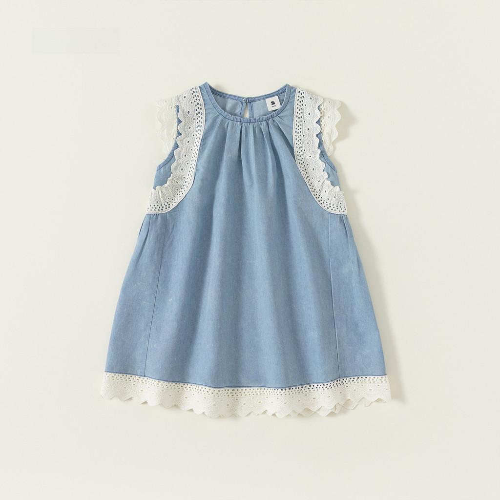 Simple Solid Color Lace Design Children Sleeveless Dress For Kids Girls Ages 3 To 8