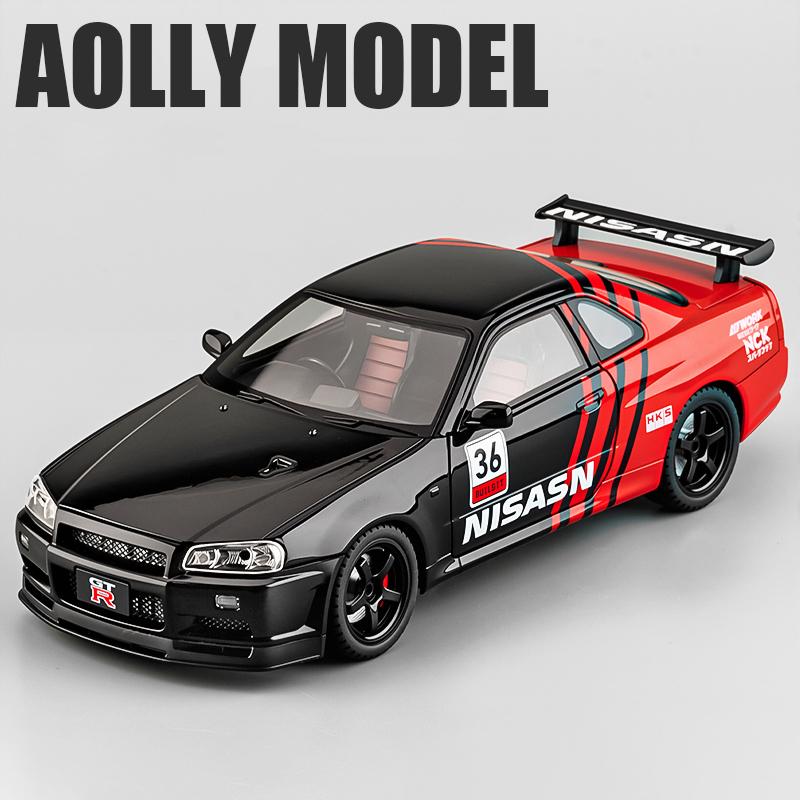 1/18 Skyline GTR R34 Modified Car Alloy Car Model Sound and Light Pull Back Children's Toy Collectibles Birthday Gift