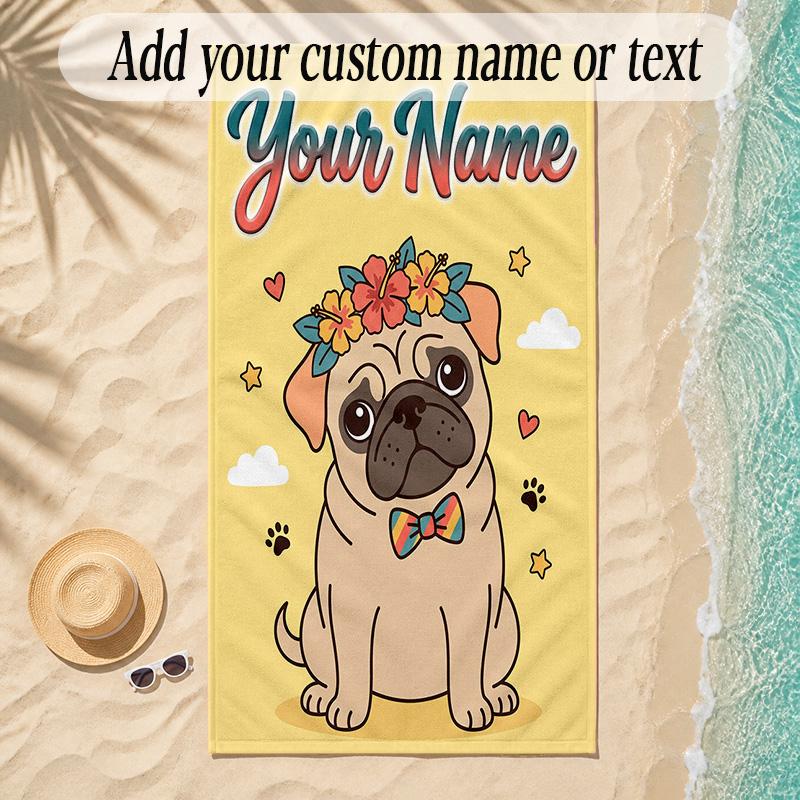 Pug Theme Soft Beach Towel Personalized Custom Name Text Towel Portable for Beach Pool Travel