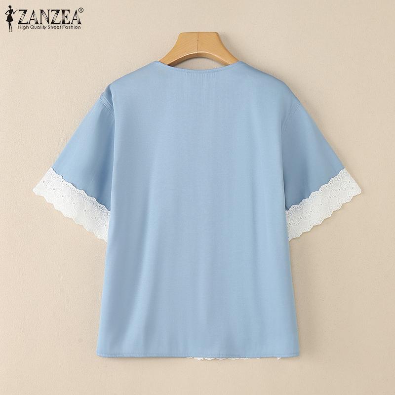 ZANZEA Women Casual V-neck Lace Patchwork Short Sleeve Loose Blouse