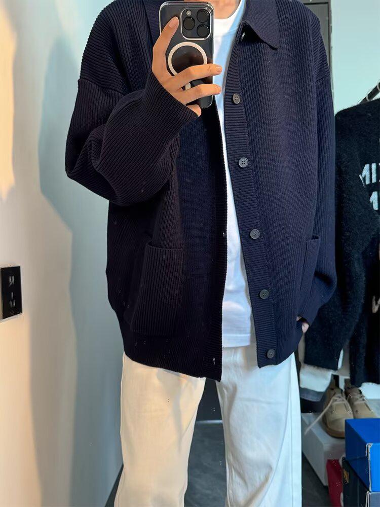 Men's Dark Blue Retro Knit Cardigan with Turn-Down Collar - Versatile Casual Sweater for Autumn and Winter