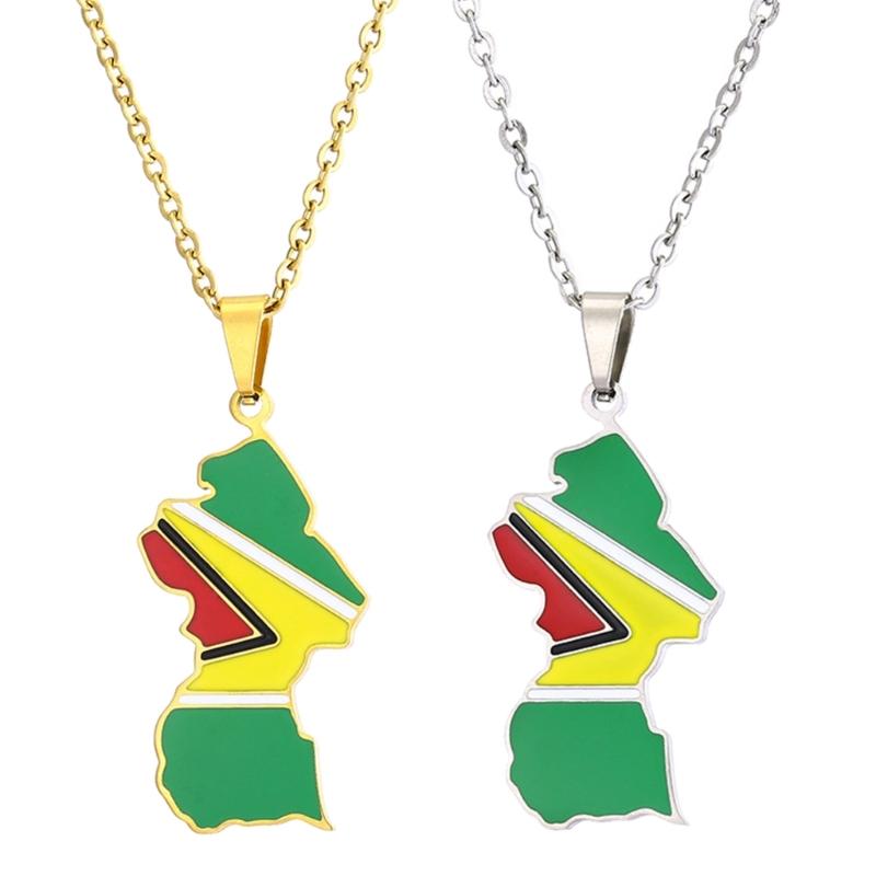 Vintage Guyana Map Necklace Stainless Steel Country Outline Pendant Necklace