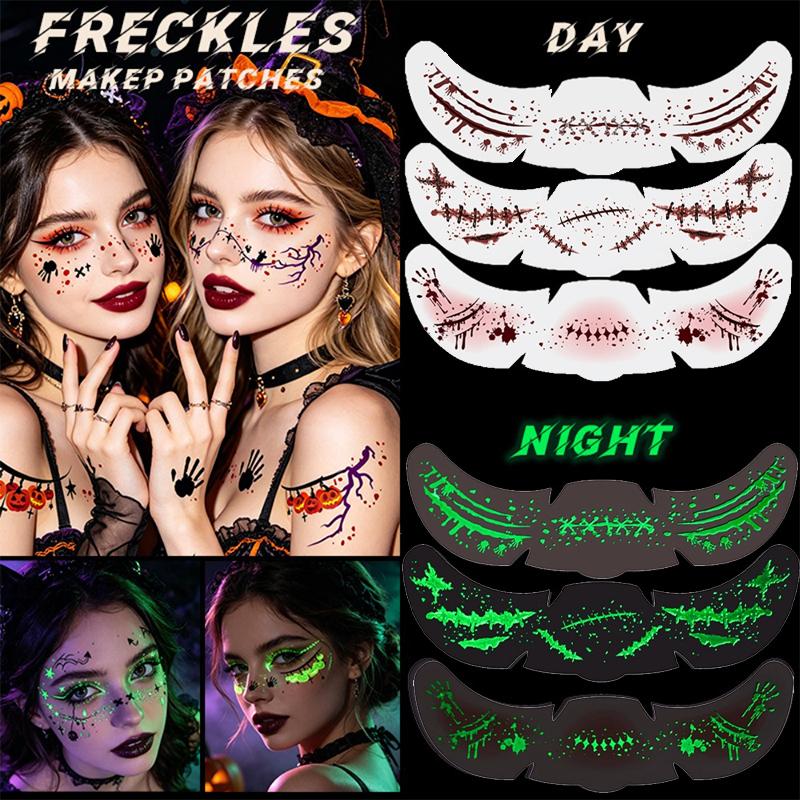 Luminous Face Bloodstain Tattoo Sticker Halloween Water Transfer Printing Simulated Makeup Sticker DIY Skull Ghost Hand Sticker