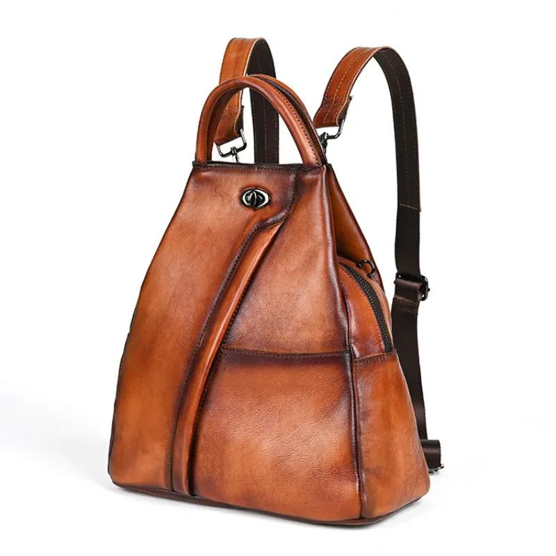 Retro Genuine Leather Women Backpack Travel Bag Leisure Large Capacity Cowhide Solid Color Backbag
