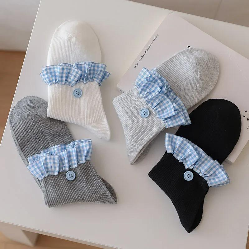 Plaid Ruffle Socks Women Japanese Fashion Black White Gray Short Socks Cotton Breathable Sweet Girl Lolita Kawaii Low Tube Socks