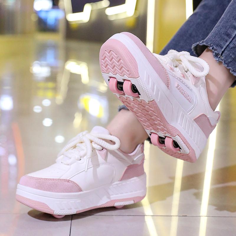 Boy's Rotating Button Four Wheel Skate Kids Shoes with Wheels Girl Skate Shoes