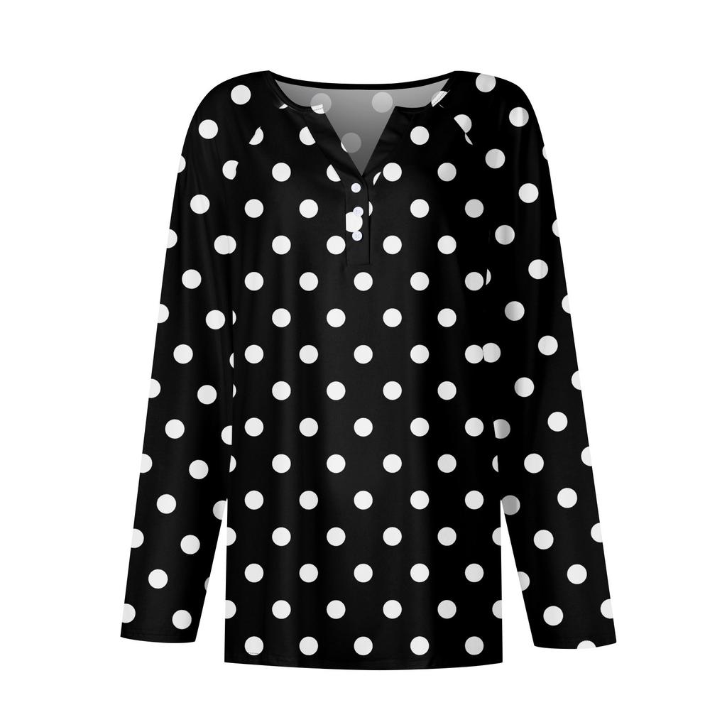 Women's Fashion Casual Printed V-neck Long Sleeve Button Up T-shirt Top