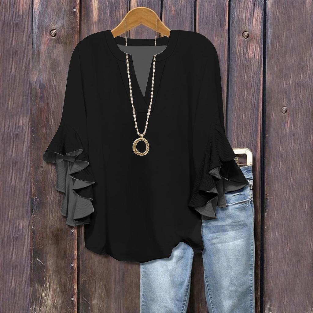 3/4 Sleeve Shirts For Women Cute Print Graphic Tees Blouses Casual Plus Size Basic Ruffled Sleeve Tops Pullover