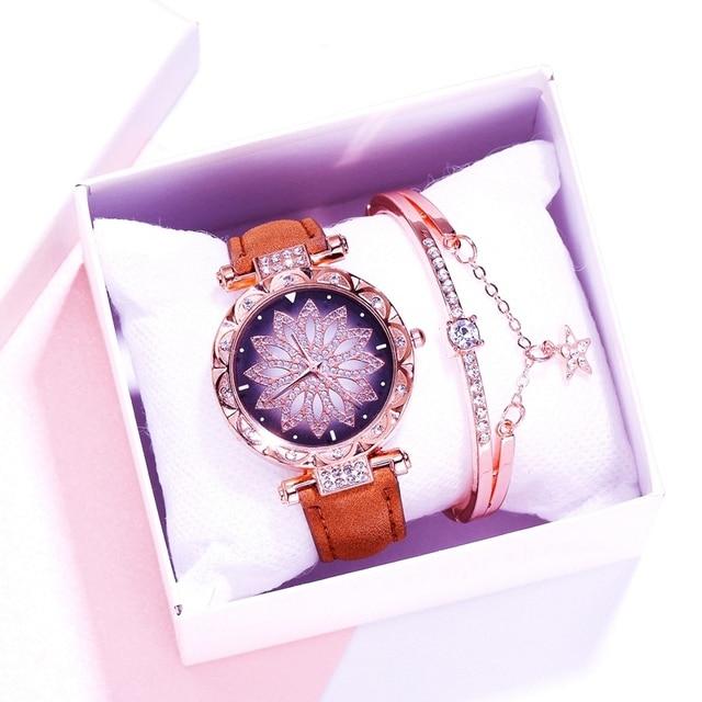 Women Watches Wrist Bracelet Set Starry Sky Ladies Wrist Bracelet Watch Casual Leather Quartz Wristwatch Clock Relogio FemininoCasual Bracelets