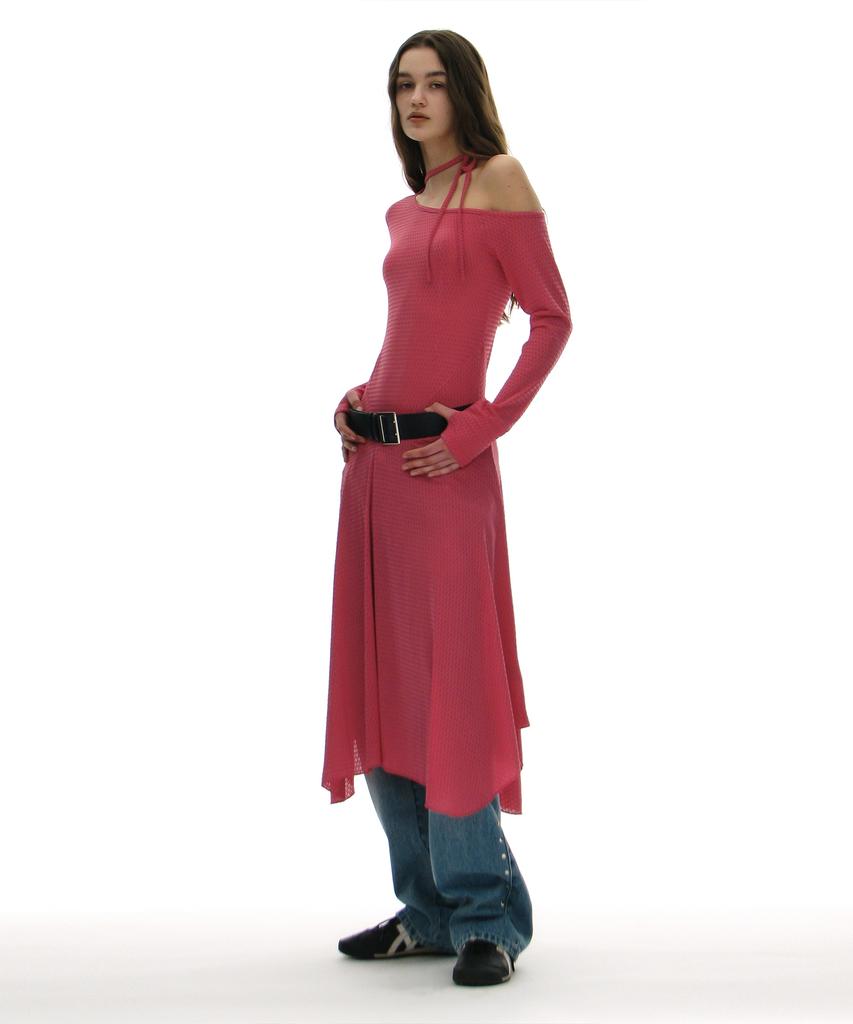 Partimento Woman Jacquard Tie-Neck Midi Dress_Pink