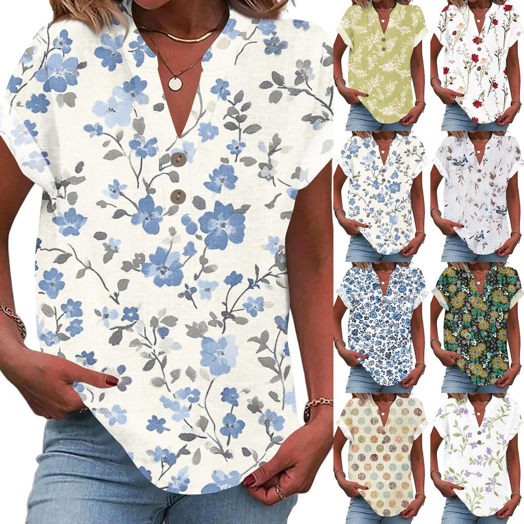 Linen Tops For Women Summer V Neck Short Sleeve Length Sleeve Womens Tops Casual Loose Fit Blouses