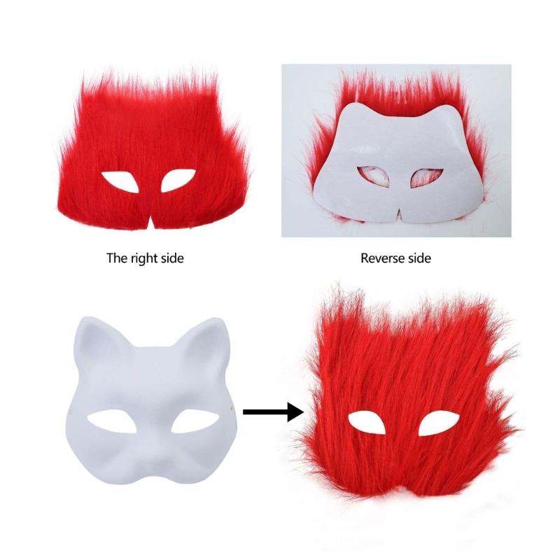 Paintable Cats Face Mask with Furry Trim Adhesive Fabric Unpainted Masquerades Mask for Kid Adult Adhesive Party Mask