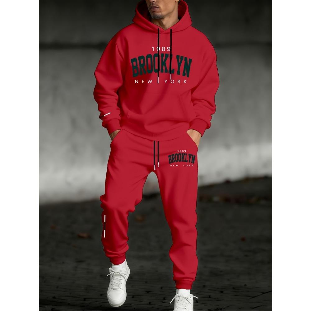 Set Casual alla Moda da Uomo in 2 Pezzi con Felpa con Cappuccio e Coulisse con Stampa Bandiera a Lettere e Pantaloni Sportivi da Esterno con Coulisse, Set Cool