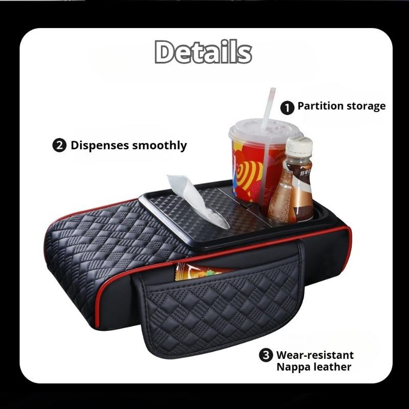 Multi-Function Car Armrest Pad with Cup Holder, Tissue Box & Side Storage Premium Napa Leather  Essential Comfort for Your Car