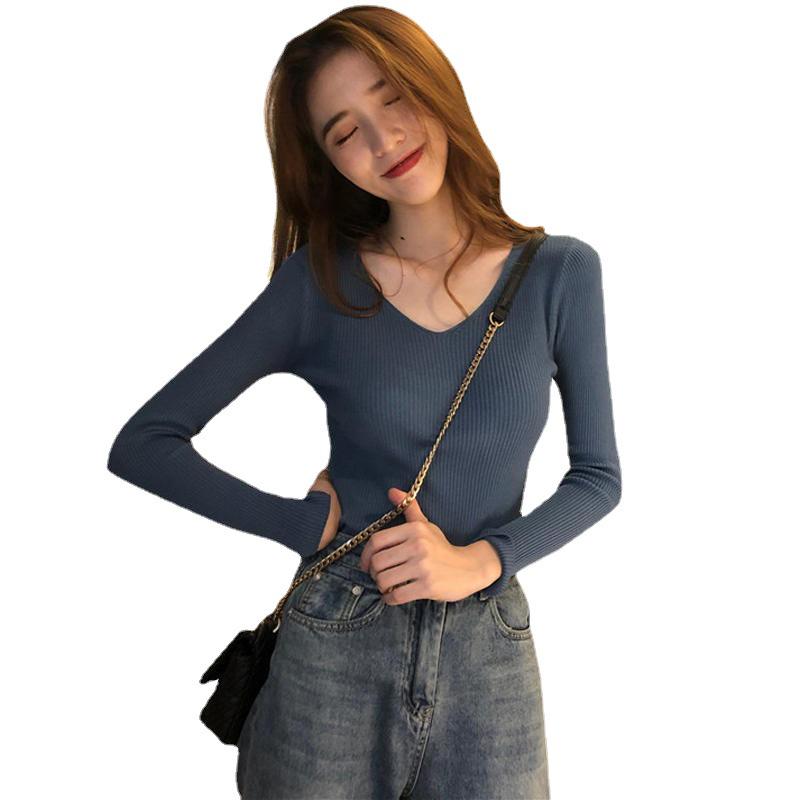 Women's Trendy Retro V-neck Knitted Slim Fit Sweater - Long Sleeve, Warm Base Layer for Autumn/Winter