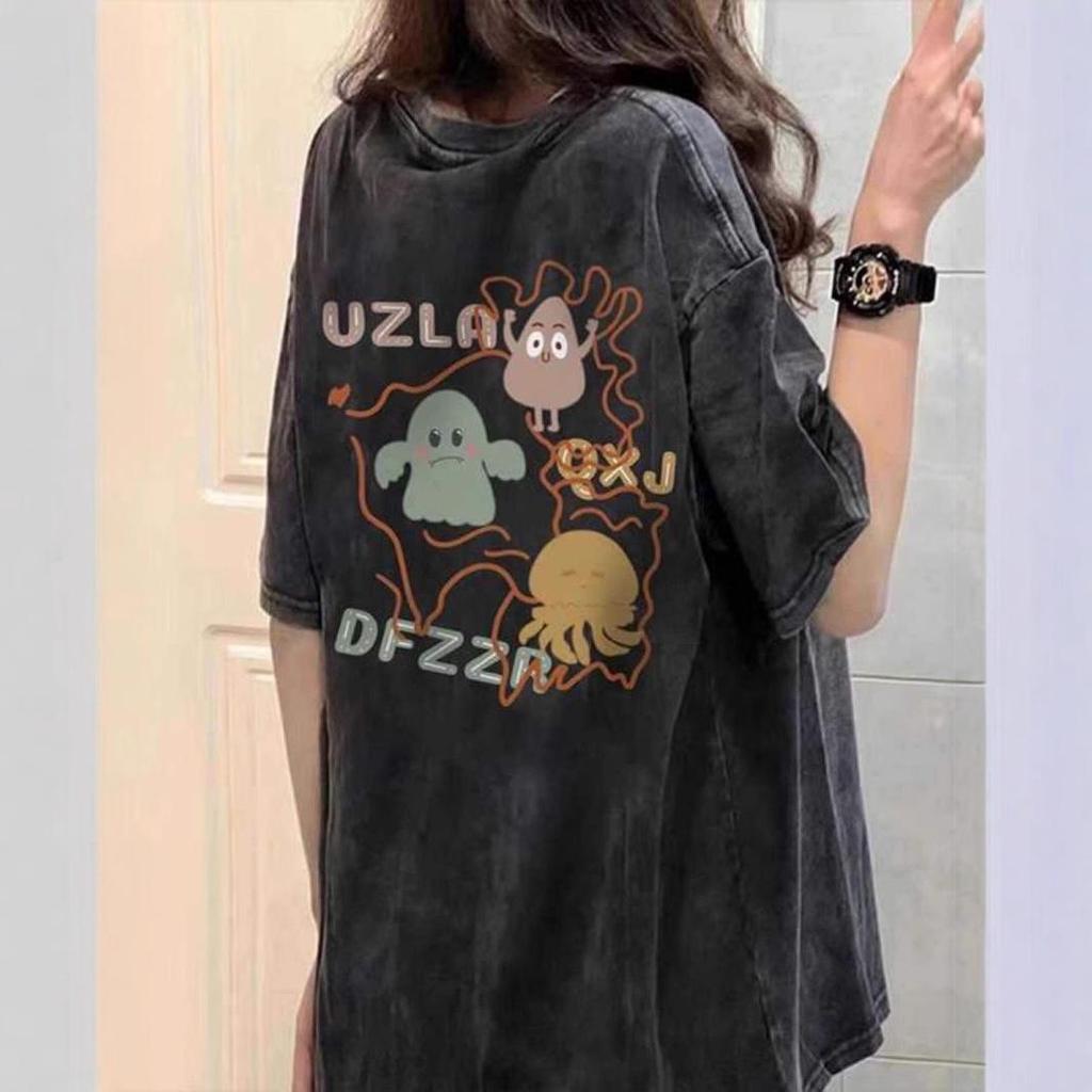 American Retro Unisex Distressed Oversized T-Shirt - Summer Short Sleeve, Straight Shoulder, Plus Size