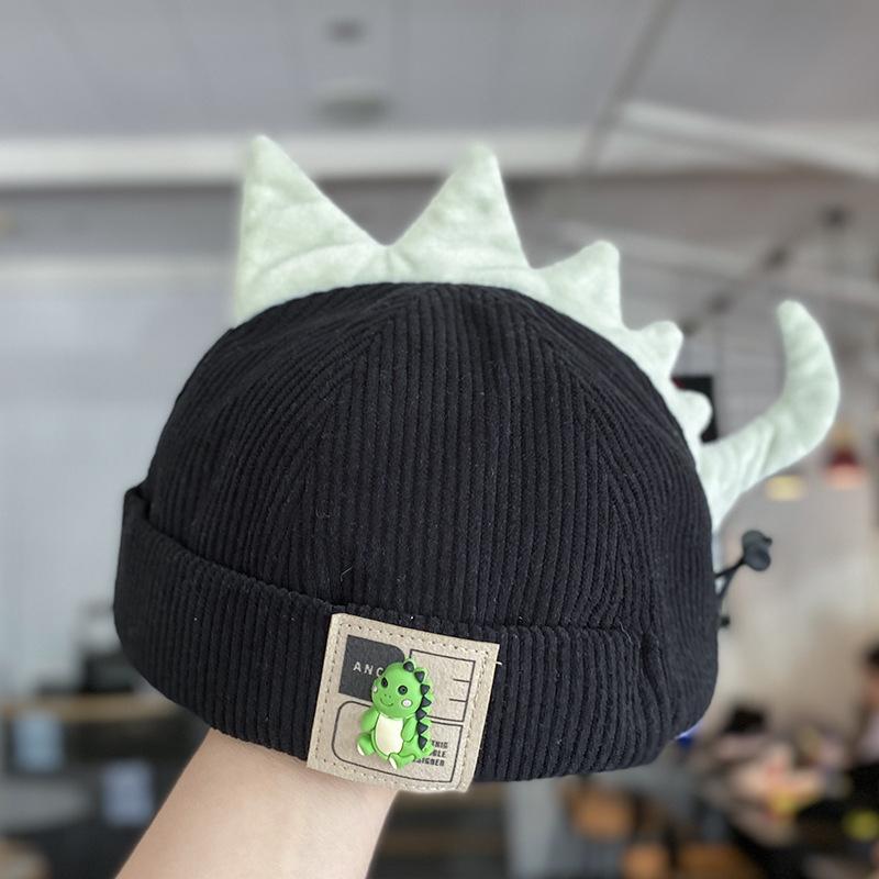 Cute Dinosaur Baby Brimless Hat Winter Corduroy Infant Melon Cap 3D Cartoon Adjustable Drawstring Kids Beanie Caps