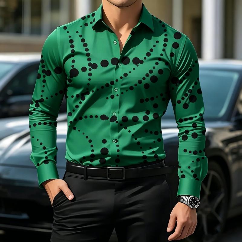 Men's Geometric Polka Dot Print Long Sleeve Shirt Slim Fit Casual Tops