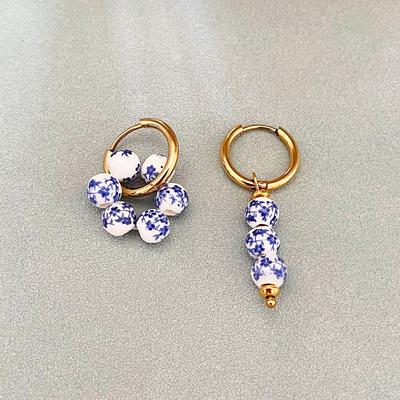 2025 Retro Blau & Weiß Porzellan Keramik Perlenohrringe, Edelstahl mit 18k Gold, Neuer Chinesischer Stil für Damen