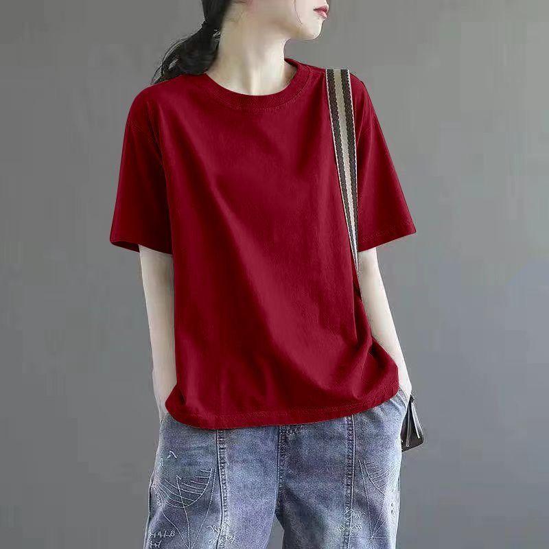 

Brand Export Women s Clothing Cut Label Withdraw Temperament Wild Pure Cotton Women s Short Sleeve Retro Print White Tops Younger Jujube Red [pure color]] L