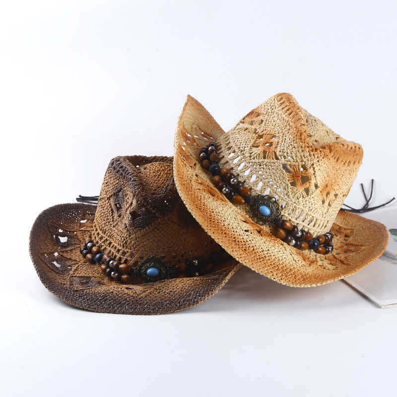 Summer hollow straw hat gradual change beaded jazz cowboy hat outdoor sun hat