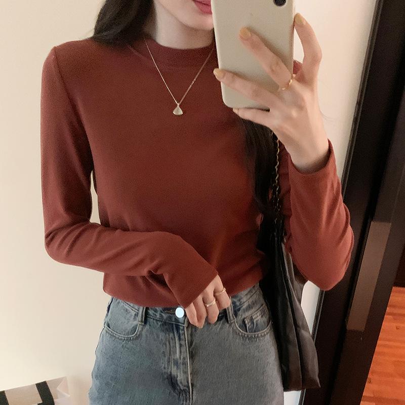 Women's White Cashmere Slim-Fit Long-Sleeve T-Shirt with Stand-Up Collar - Autumn/Winter Velvet-Brushed Solid Color Top