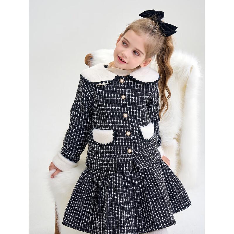 Mengtejiao Girls' Winter Padded Furry Lapel Coat & Skirt Set