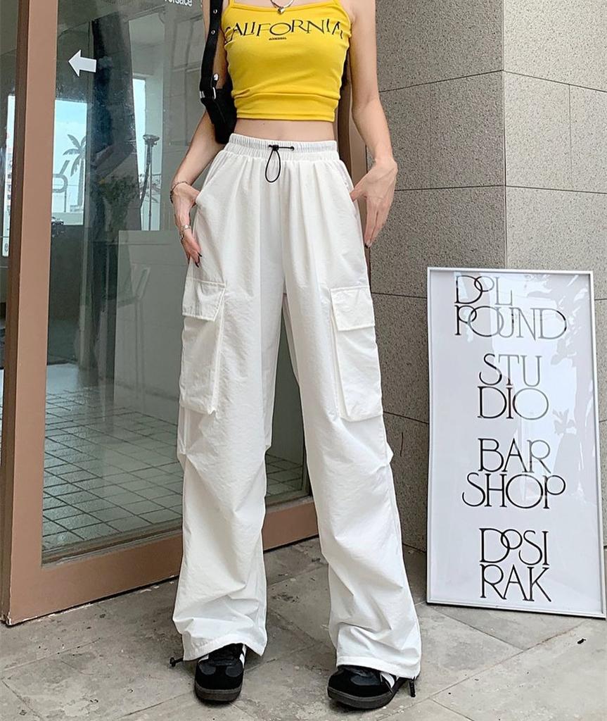 YK Harajuku Vintage Straight Pocket Pleated High Street Hip Hop Casual Parachute Pants Loose Tooling Wide Leg Trousers
