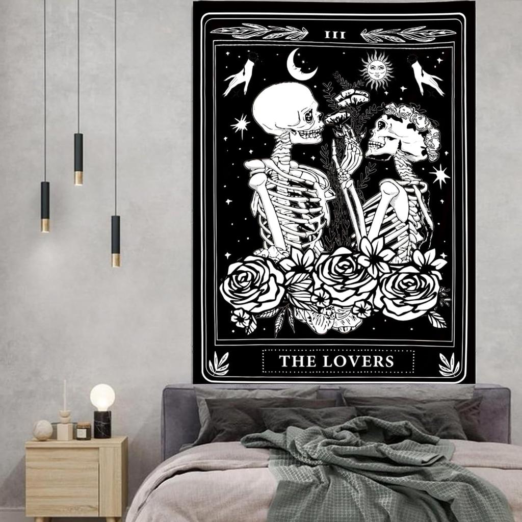Onivein The Lovers Skull Tapestry Gothic Tapestry Vertical Black and White Skeleton Gothic Witch Sun Moon Floral Plant Snake Tapestries Wall Hanging