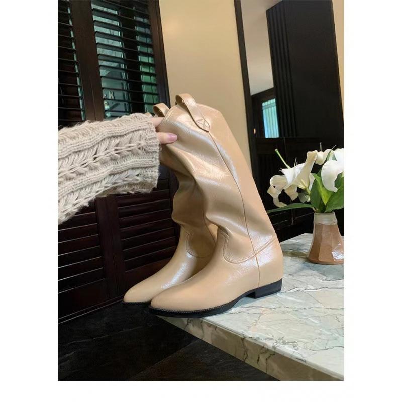 Cowhide Version~ Double Buckle with Round Head Leather But Knee Side Zipper Thick Heel Knight Boots Women's Boots