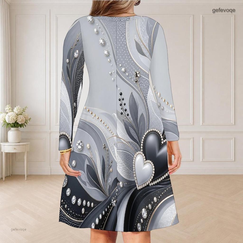 Women Plus Size V Neck Long Sleeve Printed Black Green Gold Curved Hem Dress