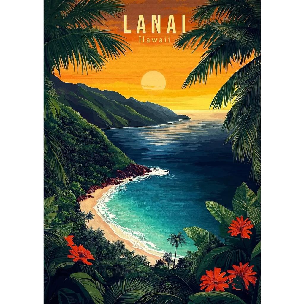 Hawaii Travel Posters Oahu Waikiki Sunset Vintage Tropical Prints Beach Ocean Canvas Painting Wall Art Pictures Home Room Decor
