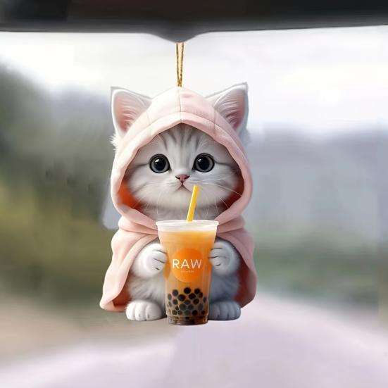 2Pcs Car Pendants Rearview Mirror Decorations with Lanyard Easy To Hang Adorable Cartoon Cat Shaped Pendants Hanging Ornaments