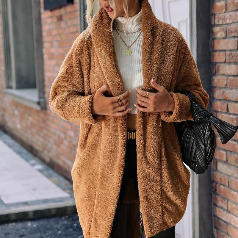 

New Cardigan, Women s Clothing, Double-sided Velvet, Casual Long Style, Buttonless, Solid Color, Loose Collared Coat, Women s, Winter Warm Coat S темно-коричневого кольору