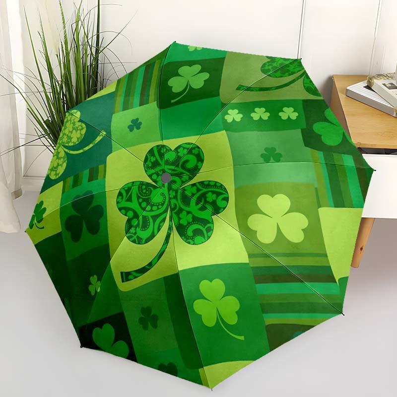 

1pc Automatic Folding Umbrella with Clover Puzzle Pattern - Green & White Design, 8-Rib Portable & Foldable, Casual Outdoor Ac Iron&8K