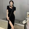 New slim French split-ended medium and long dress for women's summer and Korean version, thin waist drawstring dress, female student tide