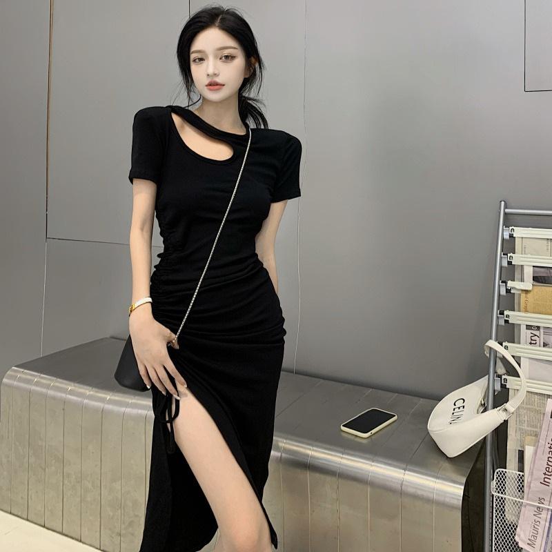 New slim French split-ended medium and long dress for women's summer and Korean version, thin waist drawstring dress, female student tide