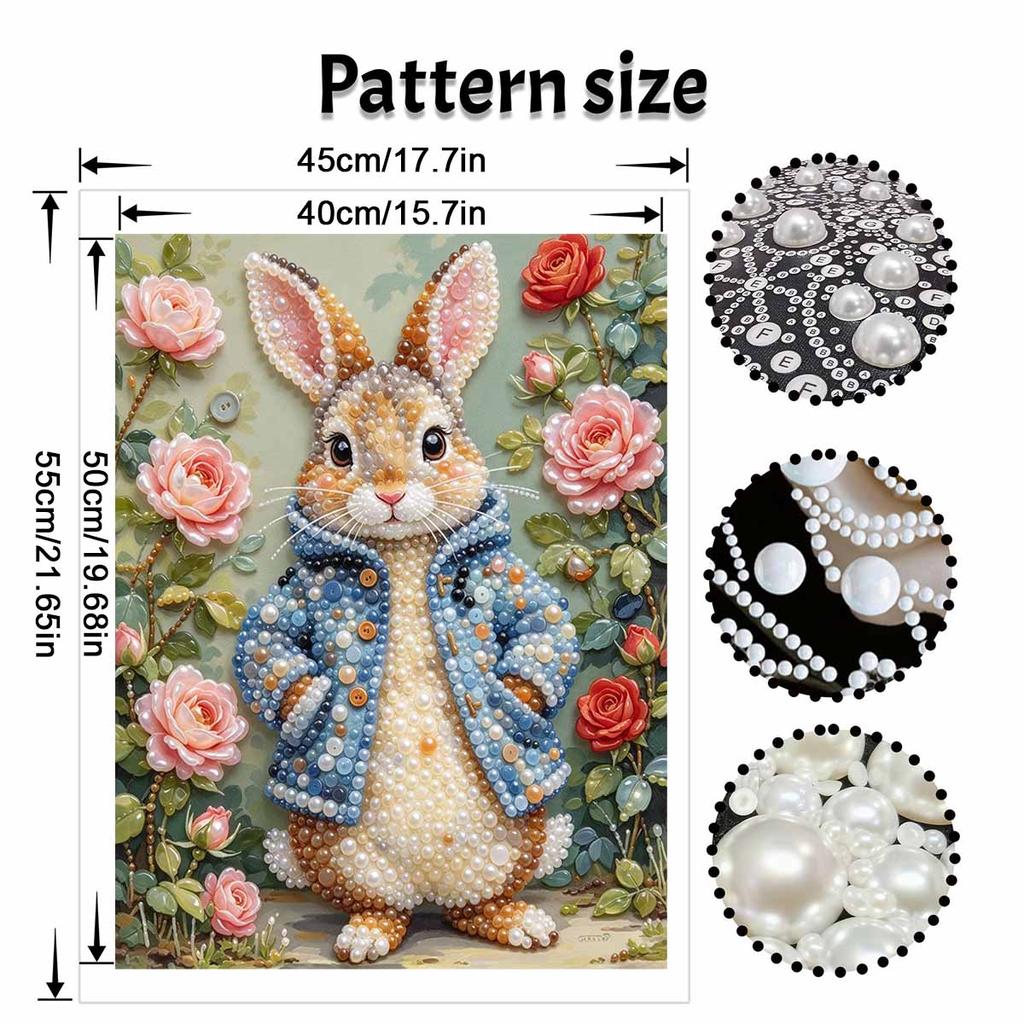 Peter Rabbit Floral Pearl Art Canvas with Frame 3D Shiny Bead Painting Modern Room Decor Relaxing Handmade Craft Gift Ideas for Home