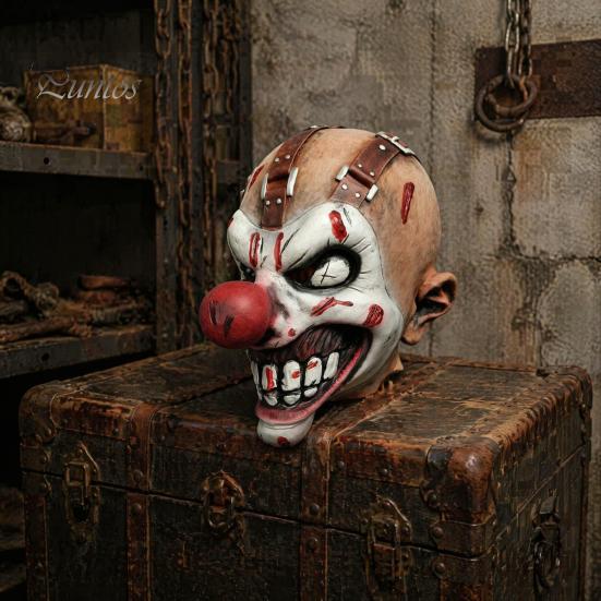 Elastic Comfortable Fit Headgear Halloween Clown Mask, Realistic Latex Horror Scary Mask with Escape Room Decorations Red Nose for Haunted House